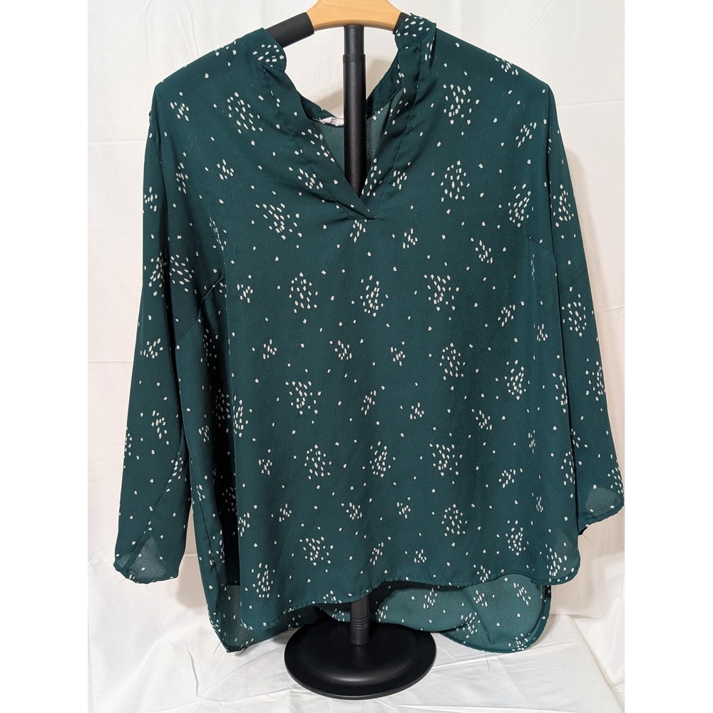 Lush Forest Green Abstract Dash Print V-Neck Roll Tab Sleeve‎ Blouse 2XL